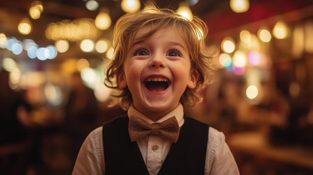 A cheerful child with curly hair beams with delight while wearing a fashionable hat. The background sparkles with colorful lights, creating a lively festive ambiance.の素材