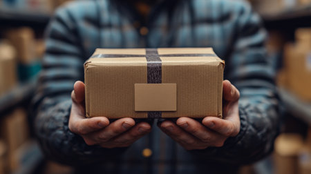 A person in a green jacket stands on a wet city street while holding a brown, taped package. Raindrops can be seen on the surface, creating a reflective look.の素材