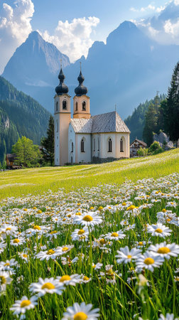 A quaint white church stands amidst a vibrant meadow filled with daisies, set against a backdrop of lush green mountains under a cloudy sky.の素材
