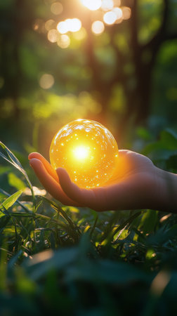 A hand cradle a radiant sphere emitting warm light, surrounded by vibrant green foliage in a tranquil forest at sunset. The atmosphere is serene and enchanting.の素材