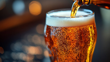 A golden craft beer is being poured into a transparent glass, revealing a rich head of foam. The setting features warm lighting and a natural wooden table surface.の素材