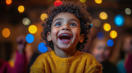 A cheerful child with curly hair beams with delight while wearing a fashionable hat. The background sparkles with colorful lights, creating a lively festive ambiance.の素材