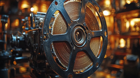 A detailed view of a vintage film reel highlights its metallic components and winding film inside a dimly lit workshop. The warm glow reflects off the machinery, creating an artistic atmosphere.の素材