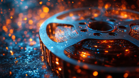 A close-up view of an old film reel sits on a reflective surface, illuminated by vibrant sparks and warm-colored lights, creating a sense of nostalgia and cinematic magic.の素材