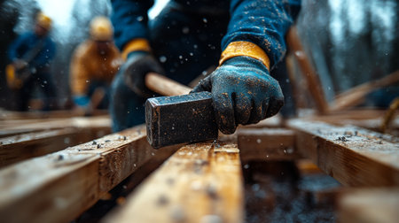 Workers are focused on hammering wooden planks together at a construction site. The weather is rainy, adding a challenging element to their task.の素材