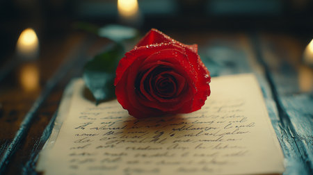 A striking red rose rests gracefully next to a handwritten letter on a rustic wooden table. The warm lighting enhances the romantic atmosphere, inviting reflection.の素材