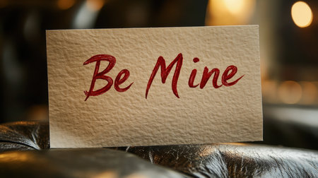 A heartwarming note that says be mine is written in elegant red script on aged paper, featuring a small red heart. The note rests on a dark, textured background, enhancing its vintage charm.の素材