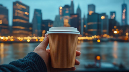 A person holding a paper coffee cup stands near a window, admiring the sparkling city skyline at dusk. Lights twinkle below as the sun sets, creating a cozy atmosphere.の素材