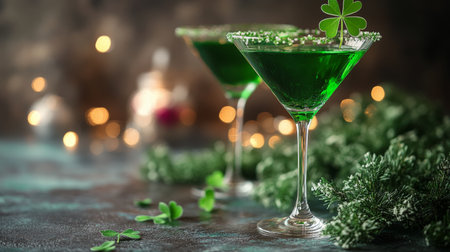 A vibrant green cocktail in an elegant glass, decorated with a clover leaf, sits on a table surrounded by soft bokeh lights and greenery, evoking a festive mood.の素材
