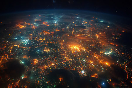 Aerial view of a bustling city at night, featuring sparkling lights that outline streets and a river. Clouds loom above, adding depth to the vibrant landscape.の素材