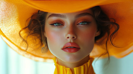 A model showcases a vibrant orange sun hat paired with bold makeup. Her captivating gaze and striking features draw attention in a bright, stylish setting.の素材