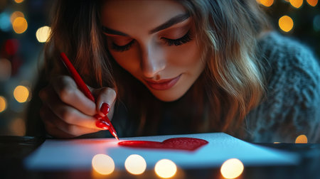 A person is carefully drawing red hearts on white paper in a warm, inviting room illuminated by soft lights. The festive atmosphere adds to the creativity of the moment.の素材