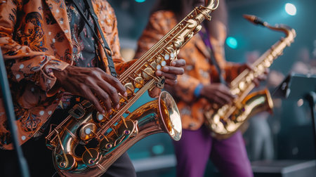 Saxophonists play energetically on stage, showcasing their skills while wearing colorful outfits. The atmosphere is lively, filled with music and excitement during a festival.の素材