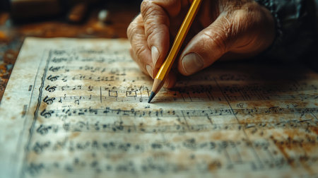 A hand holding a yellow pencil writes musical notes on sheet music, focusing on crafting a new composition. The background showcases colorful designs, enhancing the creative atmosphere.の素材