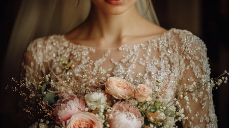 The bridal gown features intricate embroidery with white flowers and delicate details. The soft fabric creates an enchanting and romantic atmosphere, perfect for a wedding.の素材