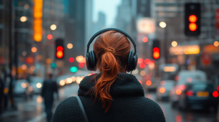 A woman stands on a bustling city street wearing headphones, gazing at the vibrant scene filled with red traffic lights and urban life. The evening atmosphere enhances the lively environment.の素材