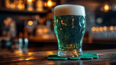 Three glasses filled with bright green beverages rest on green coasters on a wooden table. The warm sunset light filters through the windows, creating a festive atmosphere.の素材