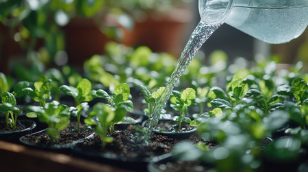 A gardener waters vibrant green plants growing in small pots. The sunlight highlights the fresh leaves while droplets glisten on the soil.の素材