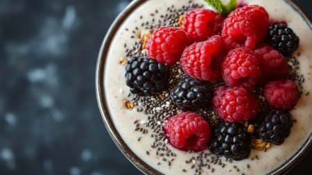 A vibrant smoothie bowl filled with creamy texture and generously topped with fresh blackberries, raspberries, and chia seeds. Perfect for a nutritious morning meal.の素材