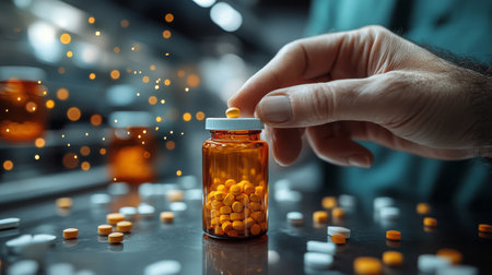 A hand carefully places a yellow pill into an amber medication bottle. Various colorful tablets scatter across a clinical workspace, showcasing a busy pharmaceutical environment.の素材