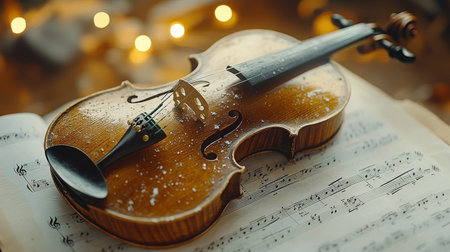 A violin is delicately placed on sheet music, with raindrops glistening on its surface. Soft, warm lights create a magical ambiance, enhancing the tranquil evening setting.の素材