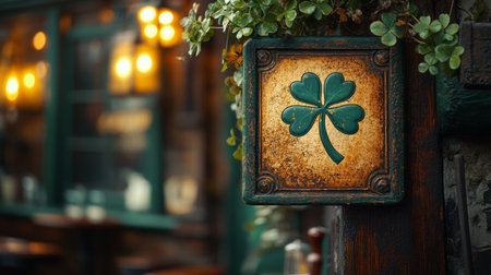 A vintage sign displaying a green clover hangs outside a cozy pub. The atmosphere is inviting with warm lights creating a welcoming glow in the background.の素材