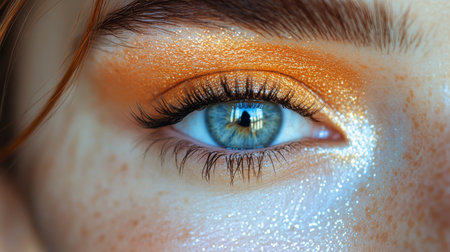 This stunning close-up showcases a young woman with radiant blue eyes, defined eyebrows, and freckles. Her fresh look highlights natural beauty, emphasizing glowing skin and soft features.の素材