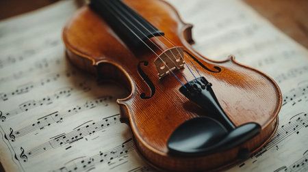 A violin is delicately placed on sheet music, with raindrops glistening on its surface. Soft, warm lights create a magical ambiance, enhancing the tranquil evening setting.の素材