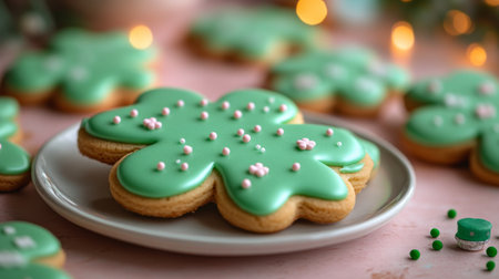 Festively decorated shamrock cookies with vibrant green icing and colorful sprinkles are arranged on a surface. Perfect for celebrations and gatherings.の素材