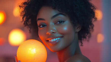 A model showcases a glowing complexion while holding a skincare product. Her curly hair frames her face, creating a vibrant look. Soft lighting enhances her natural beauty.の素材