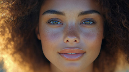 A woman shows a warm smile, revealing freckles on her cheeks and bright blue-green eyes. Natural light enhances her features in a cozy indoor environment.の素材