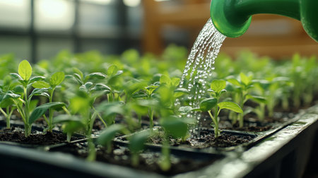 A gardener waters vibrant green plants growing in small pots. The sunlight highlights the fresh leaves while droplets glisten on the soil.の素材