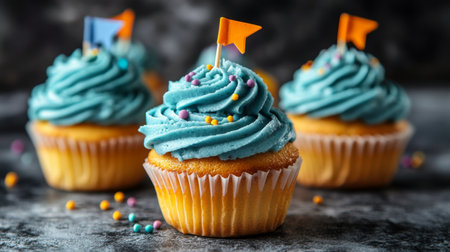 Delicious cupcakes featuring vibrant blue frosting topped with sprinkles and small flags create a festive atmosphere in a bakery setting. Perfect for celebrations and special occasions.の素材