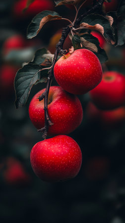 Lush apple tree branches bear clusters of bright red apples surrounded by deep green leaves during the vibrant autumn harvest season. The atmosphere is filled with seasonal colors.の素材