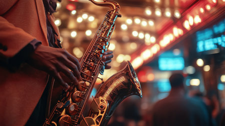 A polished saxophone stands out amid a stunning array of golden bokeh lights, creating a warm and inviting atmosphere perfect for music lovers in an intimate venue.の素材