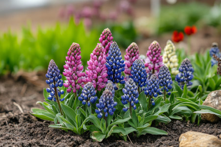 A vibrant cluster of alpine flowers showcases a mix of pink, orange, and purple hues as they thrive on a rocky surface in a mountainous region under clear skies.の素材