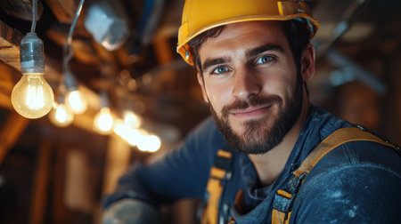 A person wearing a glove holds a vintage light bulb, showing its warm glow. The backdrop features various tools and a cozy workshop atmosphere, creating an inviting environment.の素材