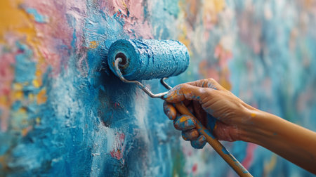 A hand uses a paint roller to apply a vibrant blue color on a textured wall. The artistic design features varying shades of blue and white, showing a unique interior decor style.の素材