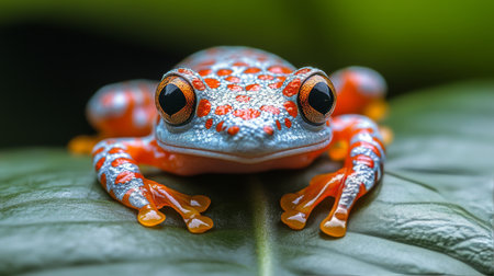 A vibrant orange and black frog is perched on a green leaf surrounded by rich foliage. Sunlight filters through the trees, highlighting its unique markings.の素材