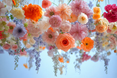 Hanging floral arrangements with various colors and types of flowers are suspended from the ceiling, creating a cheerful and visually striking decoration in a well-lit area.の素材