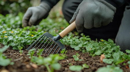 A person is using a hand tool to cultivate rich soil in a garden, surrounded by lush green plants and vibrant orange flowers during springtime.の素材