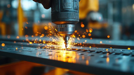 A skilled worker uses a powerful tool to precisely cut metal in a high-tech workshop. Sparks fly as the equipment operates efficiently in the background, showcasing industrial craftsmanship.の素材