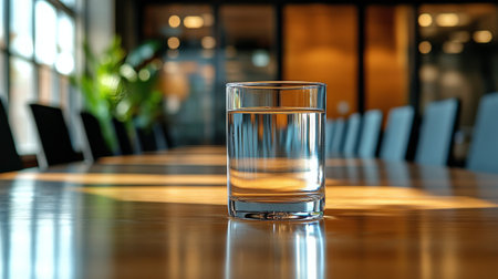 A glass filled with sparkling water sits on a polished wooden table. The elegant conference room features soft lighting and a long table set for a meeting, reflecting a professional atmosphere.の素材