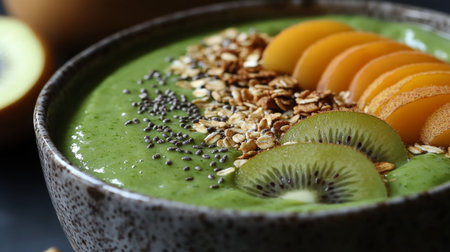 A vibrant green smoothie bowl filled with nutritious ingredients, topped with sliced kiwi, apricots, granola, and chia seeds, showing a healthy breakfast option.の素材