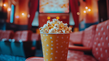 A filled popcorn bucket sits in the foreground while a colorful screen displays scenes in a cozy vintage cinema. Soft lighting and plush seating create an inviting atmosphere.の素材
