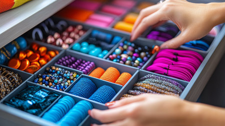 Hands sort through various hair accessories in a neatly arranged drawer filled with vibrant colors. The collection includes elastics, headbands, and decorative bands.の素材