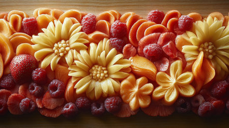 Fresh fruits including strawberries, blueberries, kiwis, and melons are artistically arranged on a wooden board, creating a vibrant and inviting display. Ideal for healthy snacking or gatherings.の素材