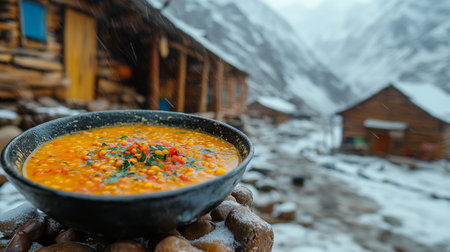 A hearty lentil soup sits in a black bowl outside a rustic mountain cabin covered in snow. The cold weather contrasts with the warm, colorful dish steaming in the air.の素材