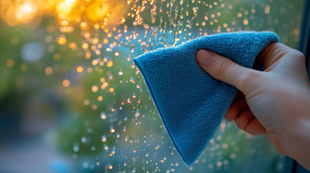 Hands gently wipe a window with a blue cloth as the sun sets, casting warm light and soothing colors into the room. A plant sits nearby, adding a touch of nature.の素材