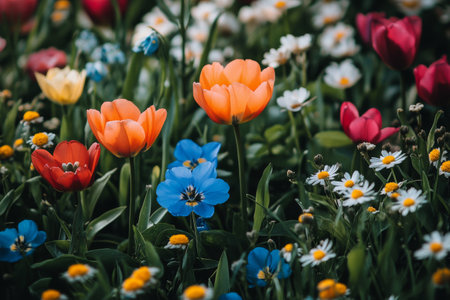 A vibrant display of wildflowers in shades of pink, orange, and white covers the green grass. The colorful blossoms bring life to the tranquil outdoor area, perfect for nature lovers.の素材